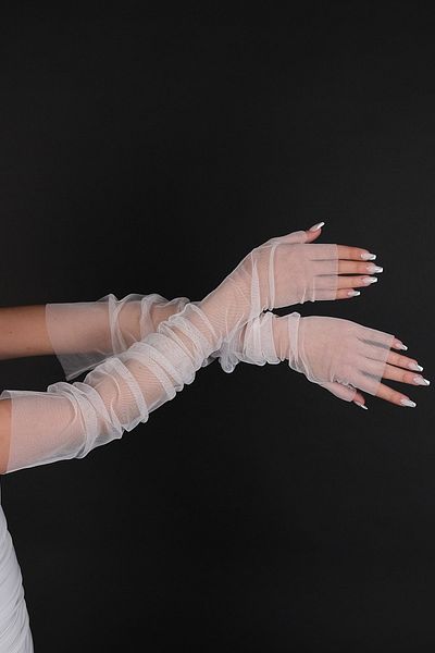 Hayalperest boncuk Set șapcă de mireasă cu buline albe și mănuși lungi de mireasă albe