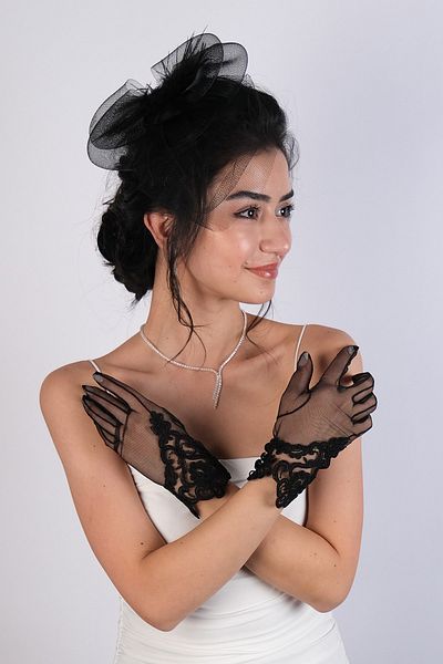 Hayalperest boncuk Set mănuși de mireasă și șapcă de mireasă cu broderie din dantelă
