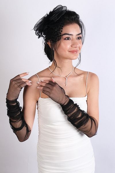 Hayalperest boncuk Set șapcă de mireasă cu buline negre și mănuși lungi de nuntă