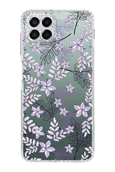 PrintiFy Samsung Galaxy M33 Köşe Korumalı Antişok Kapak Floral Lila Tasarımlı Şeffaf Kılıf