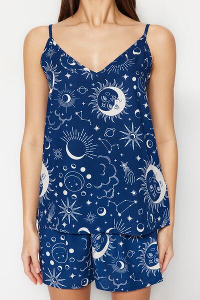 Trendyol Collection Woven Pajama Set with Indigo Galaxy Print Rope Strap Viscose Shorts Thmss23Pt00006