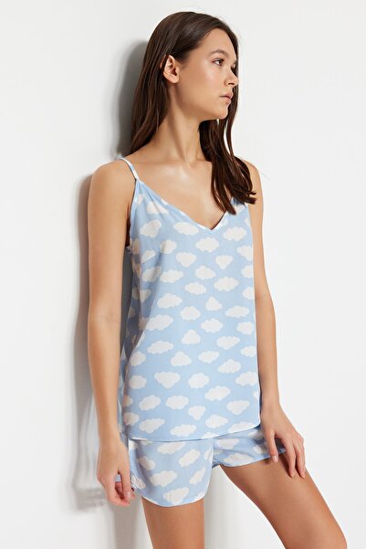 Trendyol Collection Světle modrý obláček se vzorem Řemínek provázek Viskózový tkaný pyžamový set THMSS23PT00006