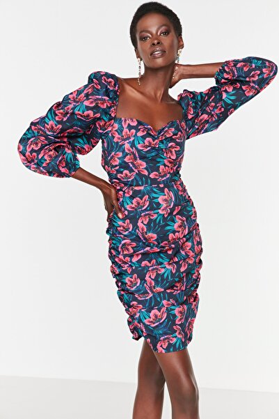 Trendyol Collection Színes virágmintás poplin rövid estélyi ruha fűzővel - TPRAW22EL1227