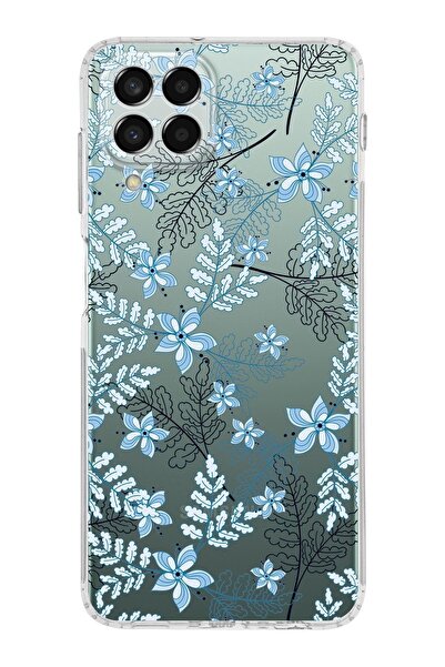 PrintiFy Samsung Galaxy M33 Köşe Korumalı Antişok Kapak Floral Mavi Tasarımlı Şeffaf Kılıf