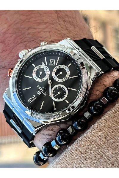 Reward Brand Black Color, silicone band, functions Active Men's Wristwatch + bracelet + rosary