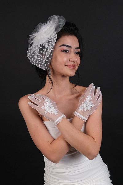 Hayalperest boncuk Șapcă de mireasă cu buline și mănuși de mireasă scurte și elegante cu imprimeu floral