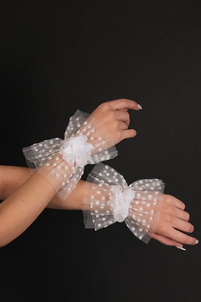 Hayalperest boncuk Mănuși de mireasă cu buline cu model floral alb și șapcă de mireasă