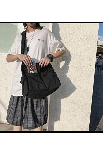 Toum Haraju Vintage Unisex Kargo Cep Iç Hacmi Geniş Siyah Postacı Çanta