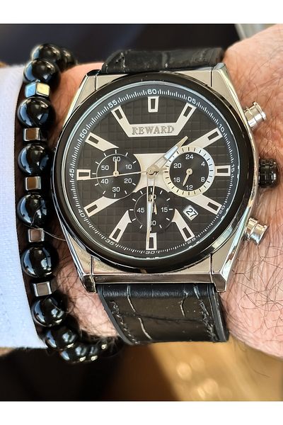 Reward Brand Black Color Leather Strap, Functions Active Square Dial Men's Wristwatch + Bracelet