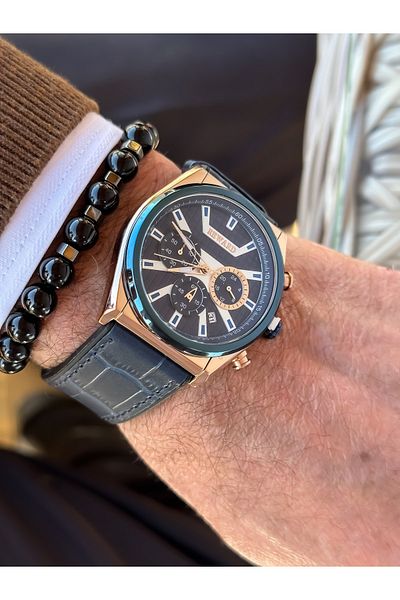 Reward Brand Dark Blue Leather Strap, Functions Active Square Dial Men's Wristwatch + Bracelet