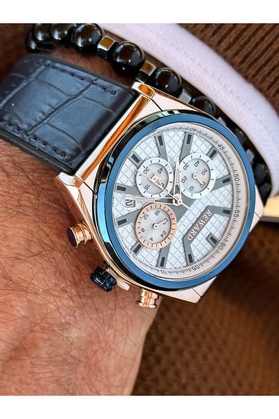 Reward Brand Dark Blue Leather Strap, Functions Active Square Dial Men's Wristwatch + Bracelet