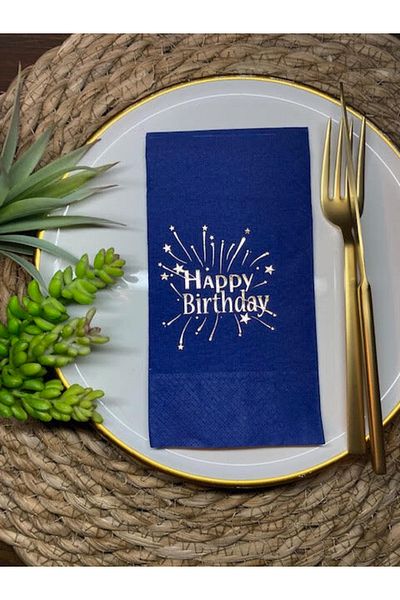 kidspartim Χρυσό επιχρυσωμένο Navy Blue Happy Birthday Waiter Folding Χαρτοπετσέτα 16 τεμαχίων
