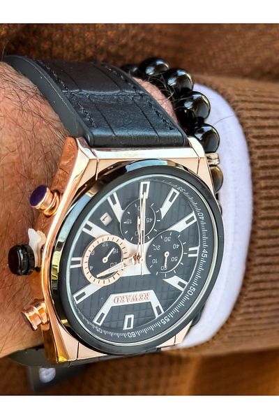 Reward Brand Black Color Leather Strap, Functions Active Square Dial Men's Wristwatch + Bracelet