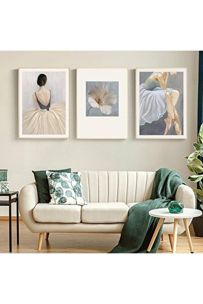 Linacci Üçlü Gold Çerçeve Alüminyum Metal Balerin Çiçek Camlı Tablo Seti