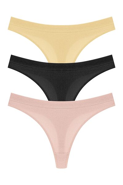 HNX 3-Piece Cotton Corded Textured Waist Elastic Women's Thong Panties