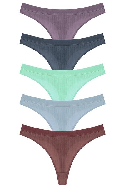 HNX 5-Piece Cotton Ribbed Textured Waist Elastic Women's Thong Panties