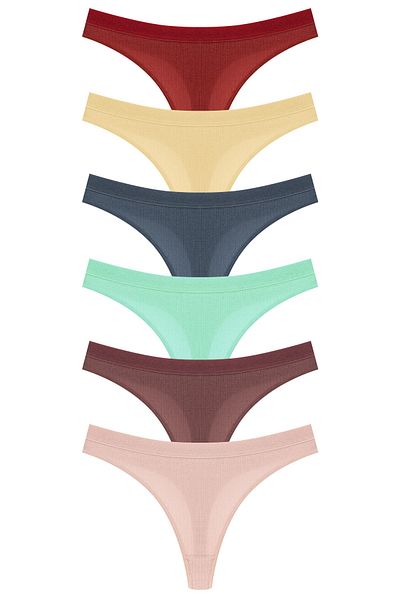 HNX 6-Piece Cotton Ribbed Textured Waist Elastic Women's Thong Panties