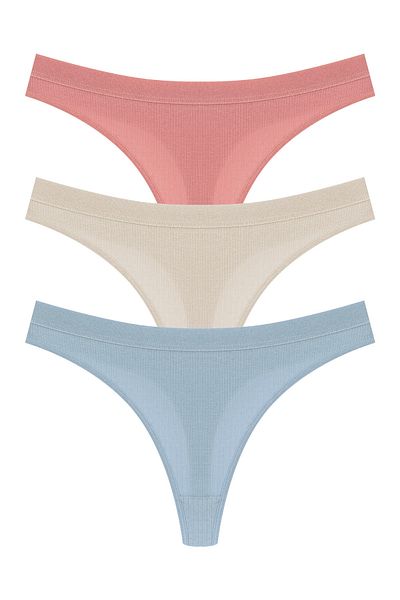 HNX 3-Piece Cotton Corded Textured Waist Elastic Women's Thong Panties