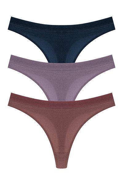 HNX 3-Piece Cotton Corded Textured Waist Elastic Women's Thong Panties