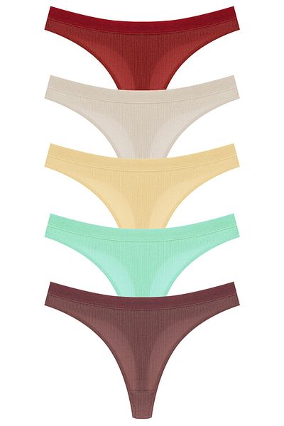 HNX 5-Piece Cotton Ribbed Textured Waist Elastic Women's Thong Panties