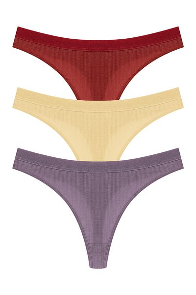 HNX 3-Piece Cotton Corded Textured Waist Elastic Women's Thong Panties