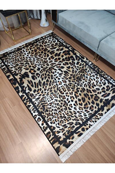 Modern home Leopar Desenli Çerçeveli Saçaklı Dijital Baskı Kaymaz Taban Makin...