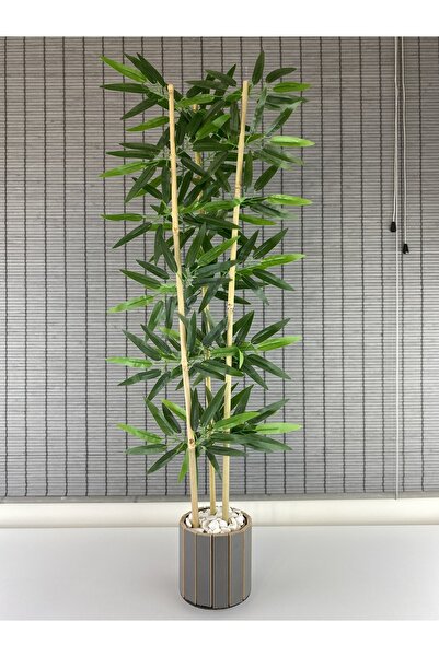 Bahçem Dekoratif Yapay Yapraklı 3 Gövde Bambu Ağacı 110cm Ahşap Saksılı Yeni Ürün %100 Orjinal Bambu