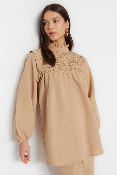Trendyol Modest Bézs Gipe részletes vászon kinézetű tunika-nadrág szett TCTSS23US00075