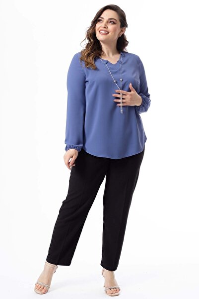 Moda Alba Indigo Довгорукава блузка з коміром, великий розмір, стильна
