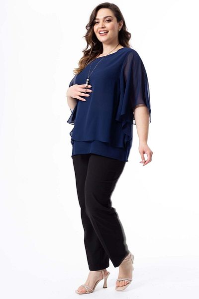 Moda Alba Μπλε Navy Large Siffon Μπλούζα με Κολιέ με μανίκι νυχτερίδα