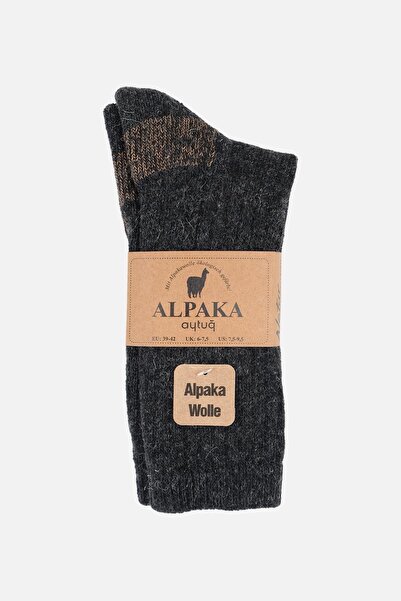 Aytuğ Unisex Alpaka Yünü Havlu Kışlık Antrasit/bej Soket Çorap - A-6005
