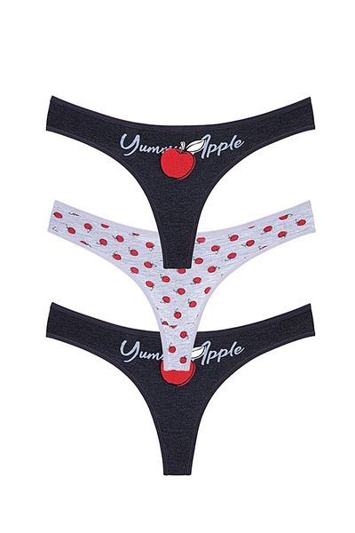 Perita.Life Women's, Gray, Yummy Apple, Cotton String, Thong Panties (3 Pack)