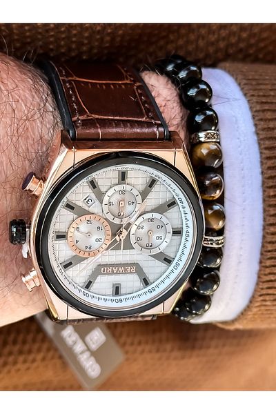 Reward Brand Brown Leather Strap, Functions Active Square Dial Men's Wristwatch + Bracelet