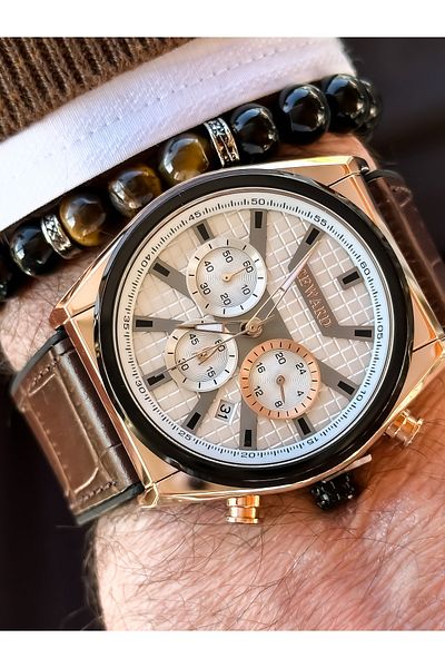 Reward Brand Brown Leather Strap, Functions Active Square Dial Men's Wristwatch + Bracelet