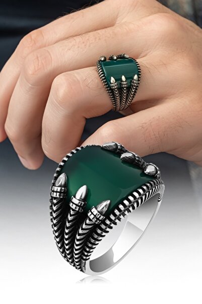 ALYANSEVİM Pençeli Model Yeşil Akik Taşlı 925 Gümüş Erkek Yüzük