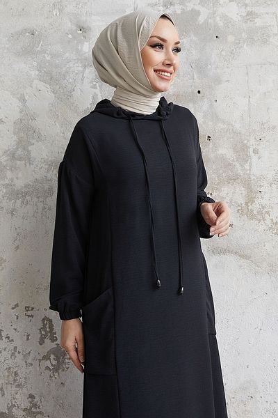 InStyle Helya Hooded Pocket Casual Dress - Black