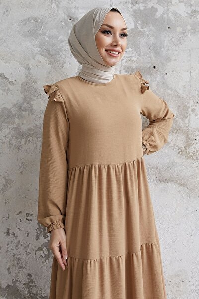 InStyle Neya Casual Dress with Frilled Shoulders - Beige