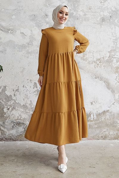 InStyle Neya Casual Dress with Frilled Shoulders - Camel