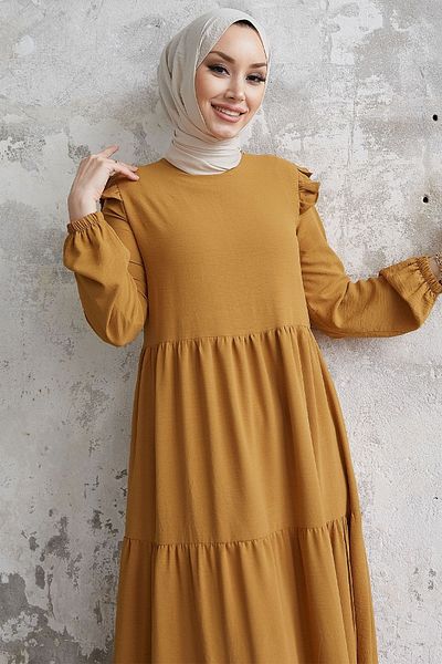 InStyle Neya Casual Dress with Frilled Shoulders - Camel