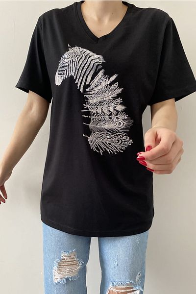FEMELLE Tricou de damă, negru, cu decolteu în V, cu model zebră, brodat cu paiete, 100% bumbac