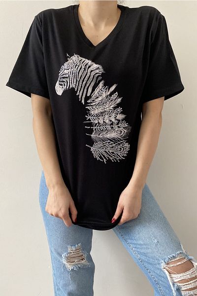 FEMELLE Tricou de damă, negru, cu decolteu în V, cu model zebră, brodat cu paiete, 100% bumbac