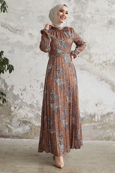 InStyle Pelda Patterned Belted Satin Dress - Brown