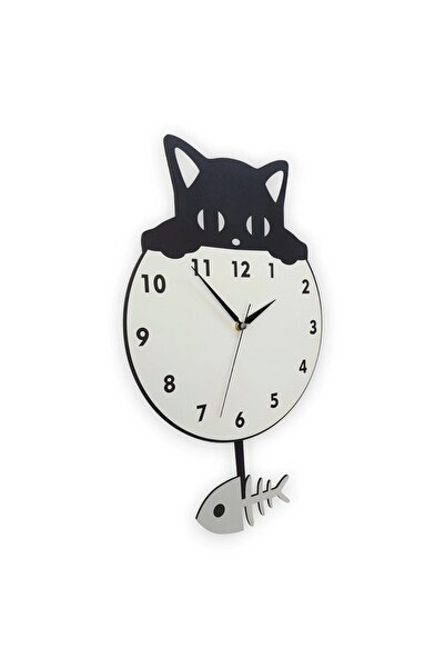 CajuArt Wooden Swinging Pendulum Black Cat and Fishbone Wall Clock Decor
