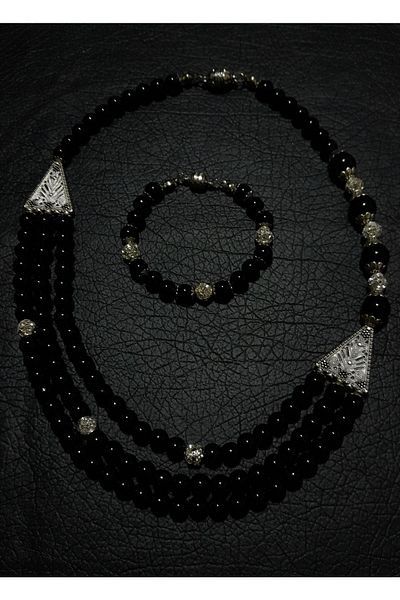 Asteria Elite Onyx 3 Row Evil Eye Protection Strength and Courage Necklace Bracelet Set