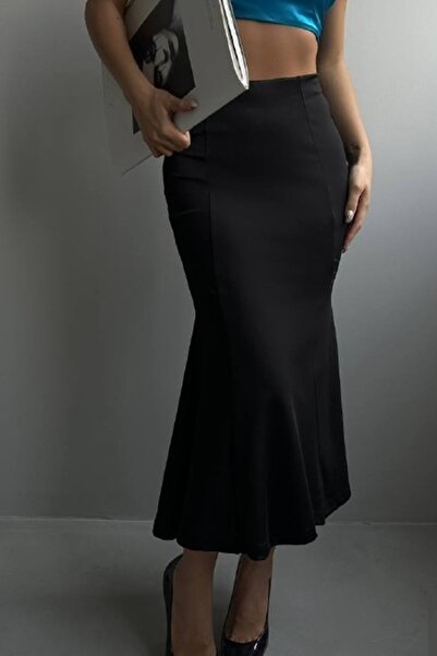 lovebox Women's Midi Length Flounced Black Skirt 2049