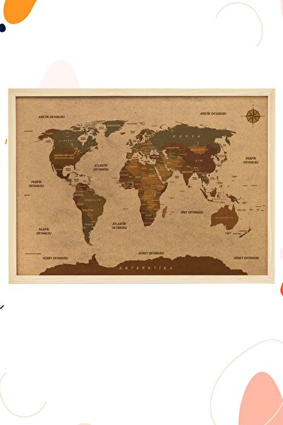 AND Mantar Pano Türkçe Vintage Dünya Haritası Baskılı Ahşap Çerçeveli 45x60 Cm + Iğneli
