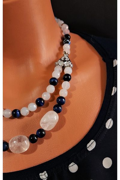 Asteria Elite Navy Blue Tiger Eye Smoky Agate Mental Clarity and Evil Eye Protection Necklace Bracelet Set