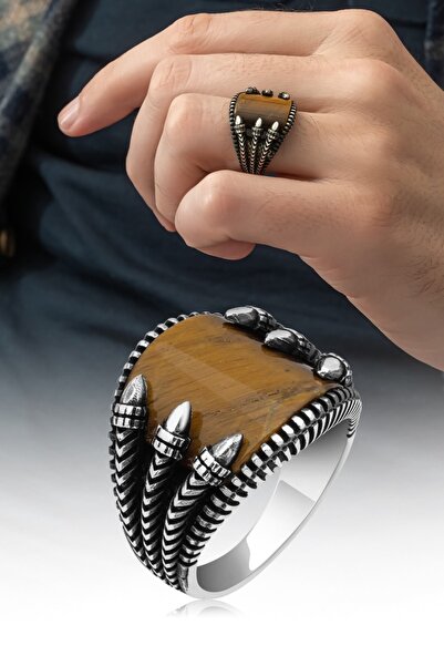 ALYANSEVİM Pençeli Model Kaplan Gözü Taşlı 925 Gümüş Erkek Yüzük