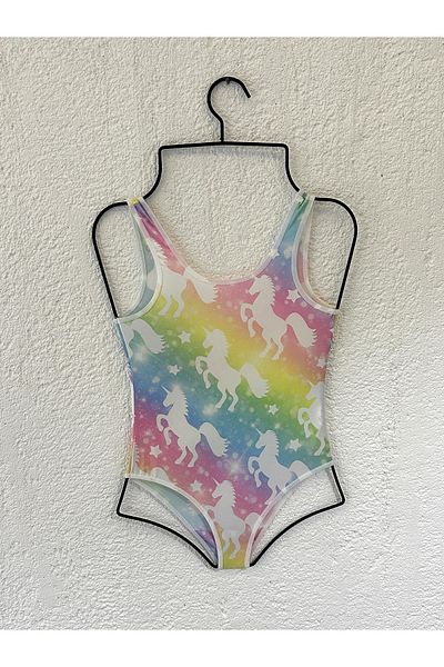 Rs Ramuni White Unicorn Printed Pink Patterned Girls' Swimsuit - Digital Printed, Sea Pool Swimsuit