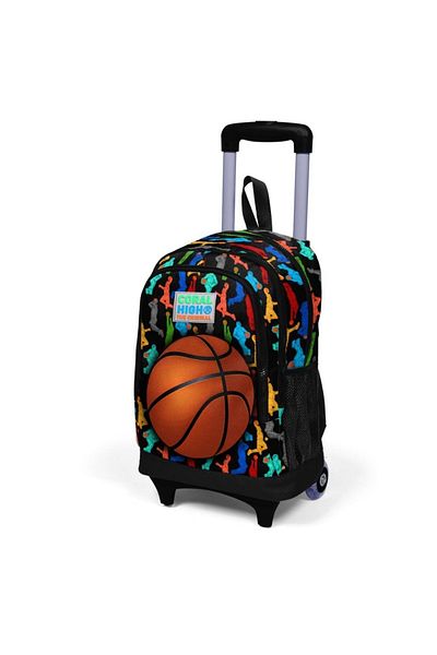 Coral High Kids Black Basketball Patterned Three Compartment Lighted Wheeled Wheelchair School Backpack 233